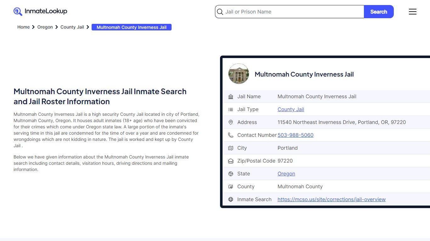 Multnomah County Inverness Jail Inmate Search - Portland Oregon ...